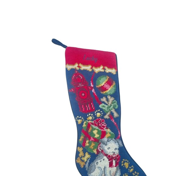 Lands' End Needlepoint Christmas Stocking Dogs Pet Wool Monogram Fast Shipping - Picture 2 of 10